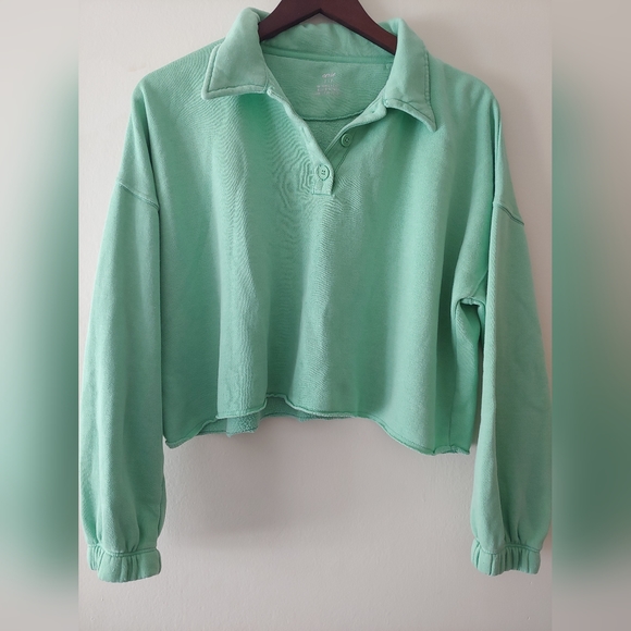 Aerie Fleece-Of-Mind Cropped Polo Sweater Top Mint Green Size Small - Picture 2 of 8
